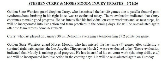 勇士双星伤情评估传来利好消息 复出时间表逐渐